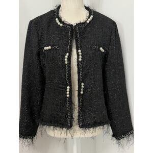 Michael Simon Pearl Embellished Tweed Eyelash Black Jacket Blazer Size Medium M